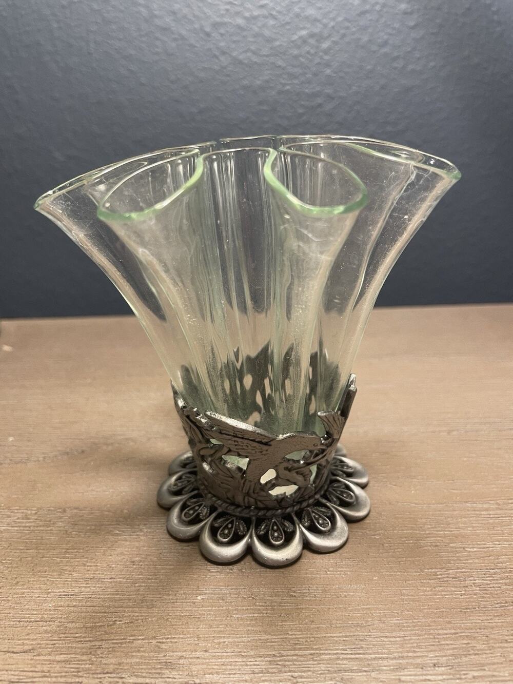 Vintage Hummingbird Bud Vase Pewter Tone Holder Ruffled Glass Insert